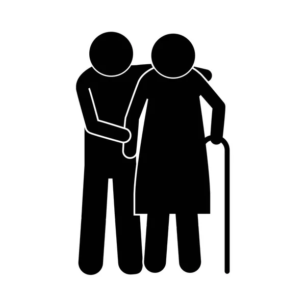 Pictogram elderly couple with walking stick — Stock Vector