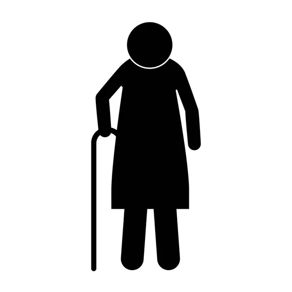 Icon silhouette elderly woman with walking stick — Stock Vector