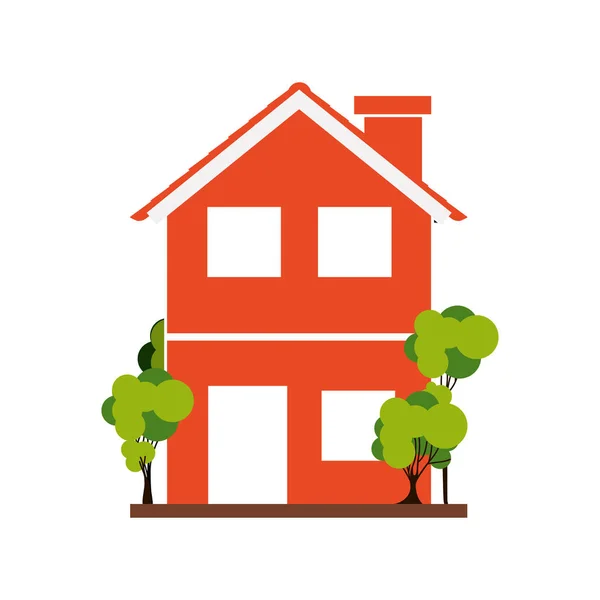 Silueta con casa naranja de dos plantas con árboles — Vector de stock