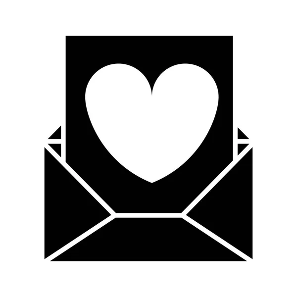 Silhouette noire enveloppe romantique avec coeur dessiner — Image vectorielle