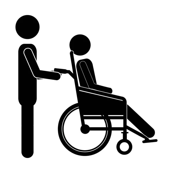 Силует людина допомагає іншому штовхати відкидне інвалідне крісло — стоковий вектор