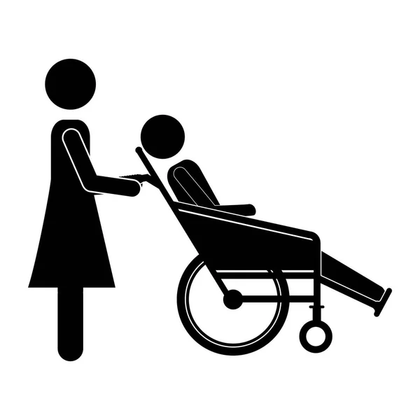 Silhueta mulher ajudando outro empurrar uma cadeira de rodas reclinável — Vetor de Stock