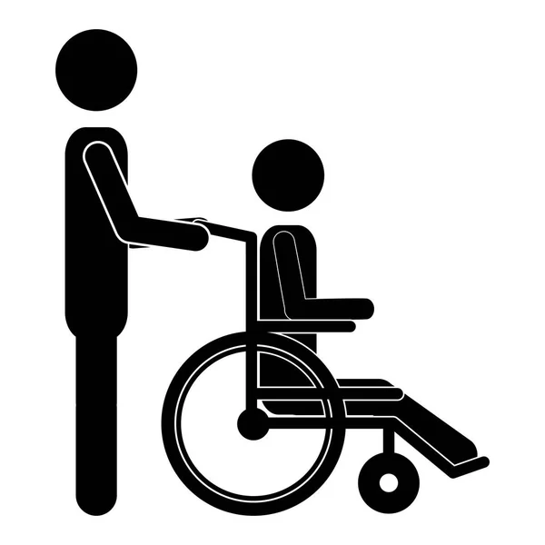 Persona silhouette aiutare un altro spingere una sedia a rotelle — Vettoriale Stock