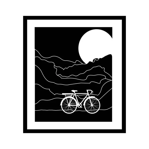 Monochromer Bilderrahmen mit Fahrrad und Mond — Stockvektor