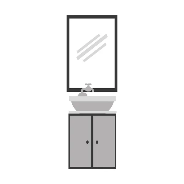 Stupně šedé siluety umyvadlo s malým nábytkem a zrcadlo — Stockový vektor