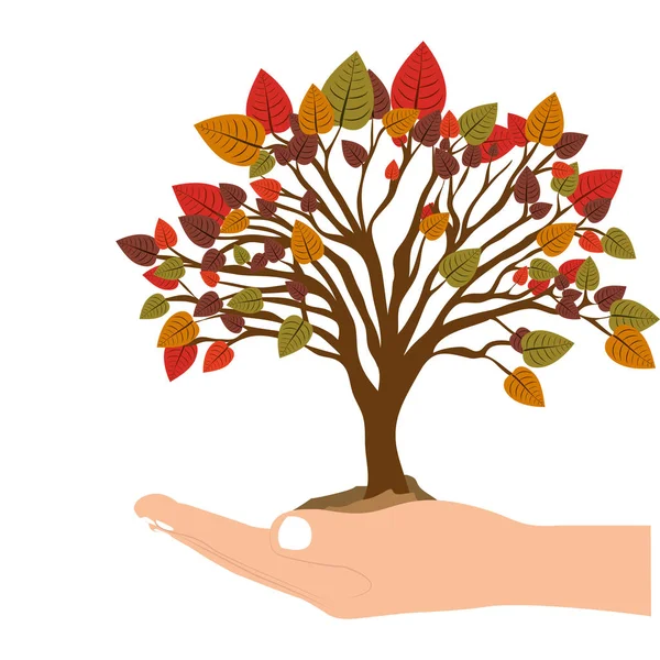 Mão segurando uma árvore com galhos folhosos coloridos — Vetor de Stock