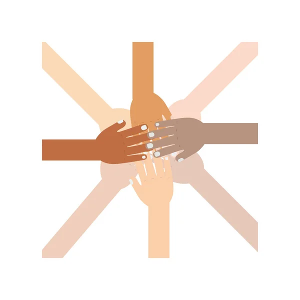 Hands of different races connected — Stock Vector