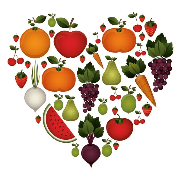 Colorful set of fruits and vegetable in shape heart — Stock Vector