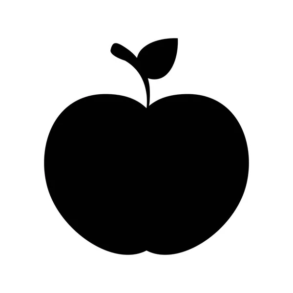 Schwarzer Silhouettenapfel mit Stiel und Blättern — Stockvektor