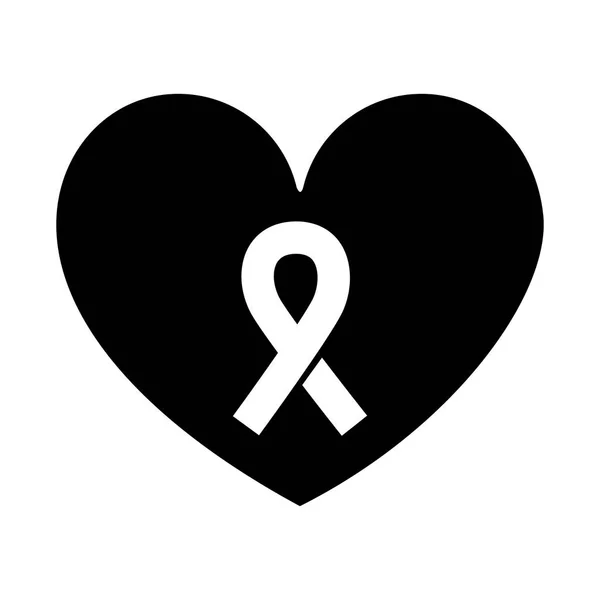 Coeur de silhouette avec ruban symbole du cancer du sein — Image vectorielle