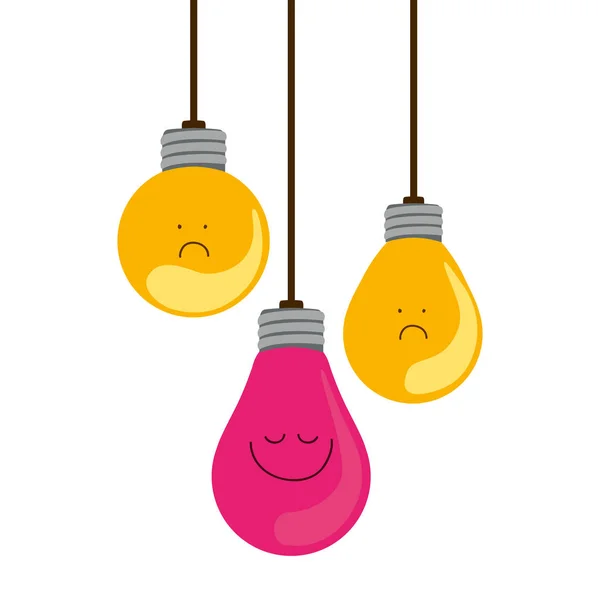 Colorful hanging bulbs with emotion face — Stock Vector