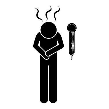 ağrı ve ateş olan kişinin tek renkli siluet