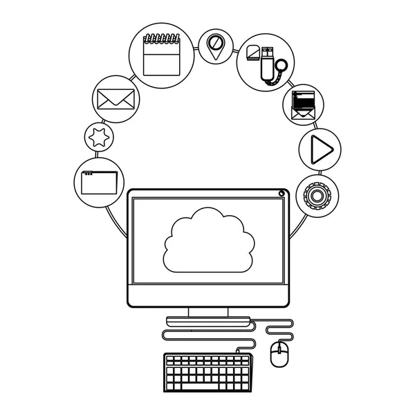 Desenho de computação em nuvem e computador — Vetor de Stock