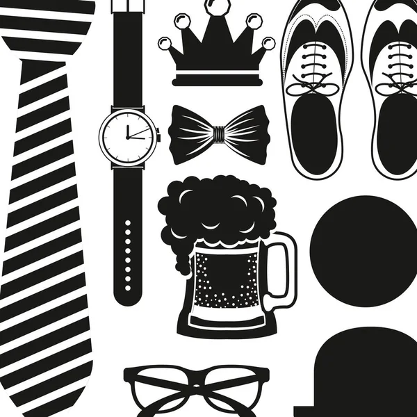 Chaussures chapeau lunettes cravate montre et bière design — Image vectorielle