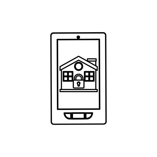 Casa aislada y candado dentro de diseño de teléfonos inteligentes — Vector de stock