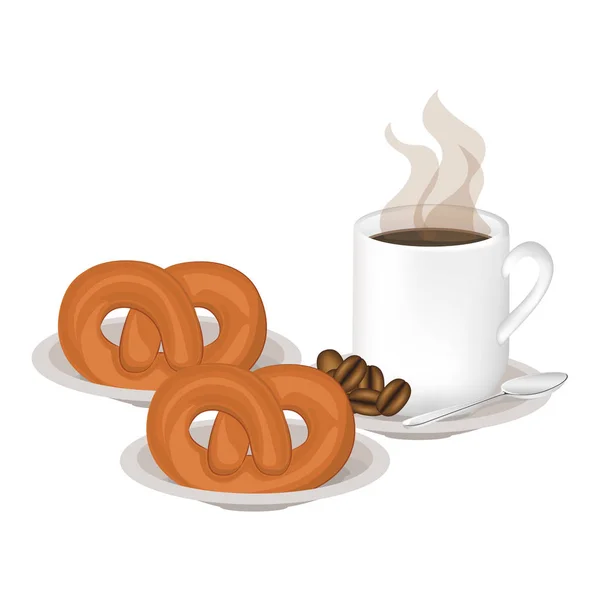 Design isolado pretzel e caneca de café — Vetor de Stock