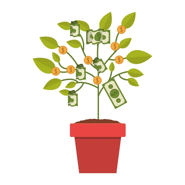 Pot a növény, a dollár és érmék — Stock Vector