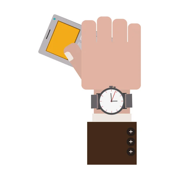 Ruka drží šedé kanceláři kalkulačka s hodinkami — Stockový vektor