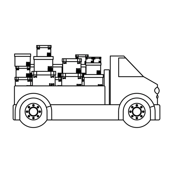 Nero sagoma contorno trasporto camion con scatole — Vettoriale Stock