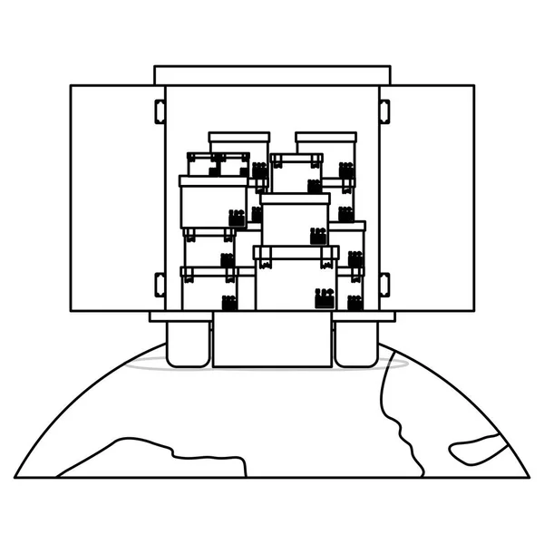 Fekete sziluettje kontúr szállítás teherautó nyitott vagon, a bolygó — Stock Vector