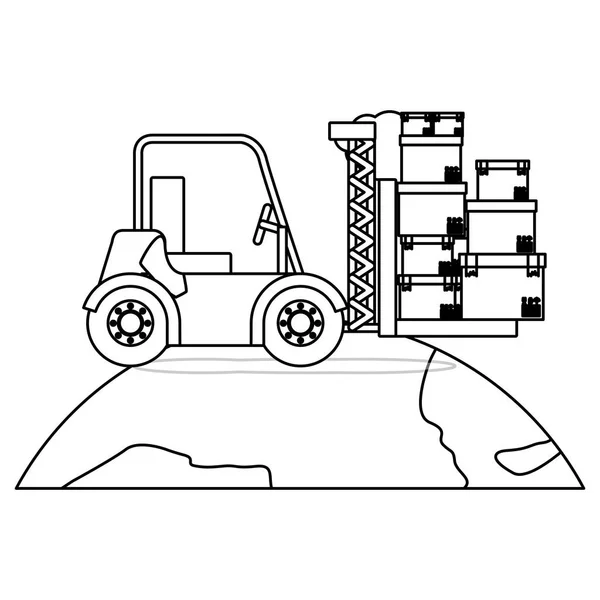 Zwarte silhouet contour heftruck met vorken met vakken over de planeet — Stockvector