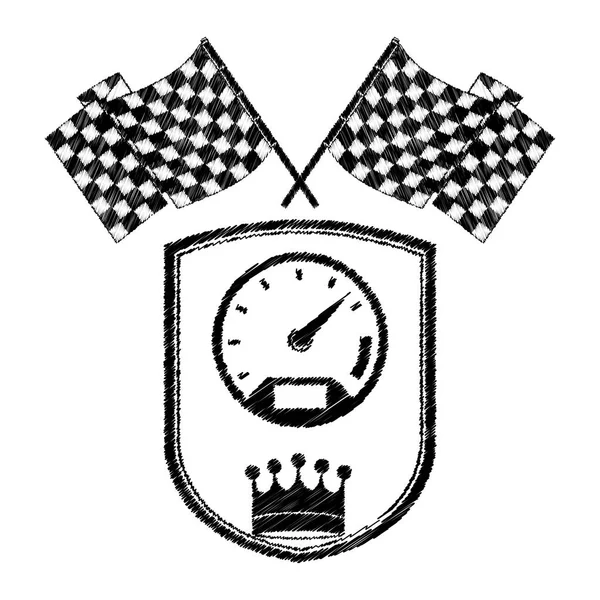 Racing speedometer award in monochrome striped with flags and crown — Stock Vector