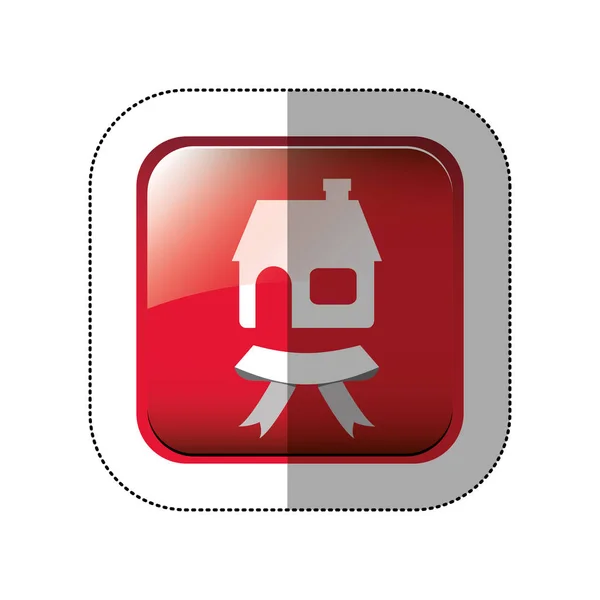 Autocollant ombre du milieu en carré rouge avec maison et ruban — Image vectorielle