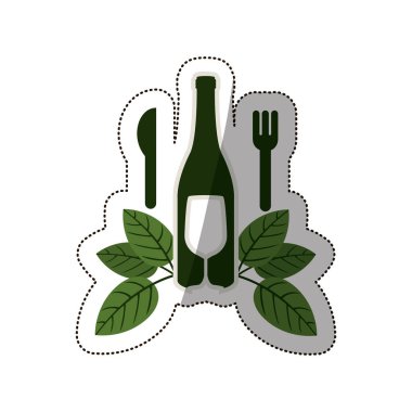 etiket şişe şarap ve bardak-yaprakları ve çatal bıçak takımı