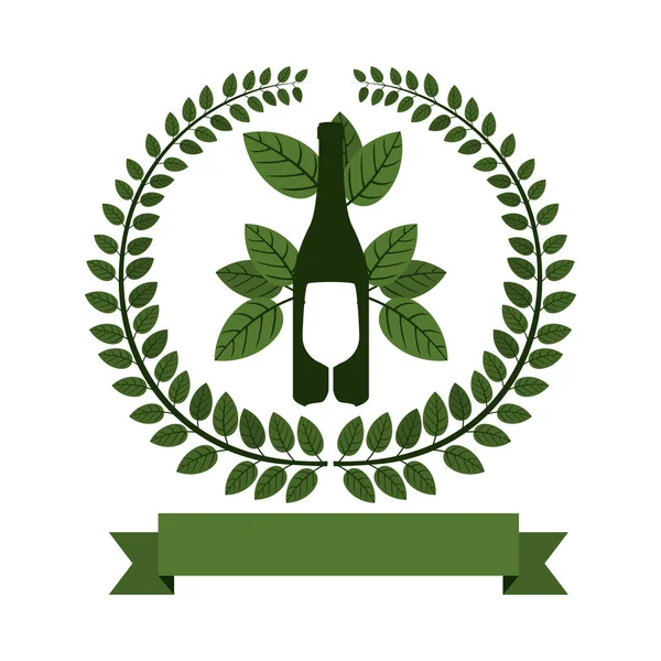Boog van groene bladeren met fles wijn en bestek — Stockvector