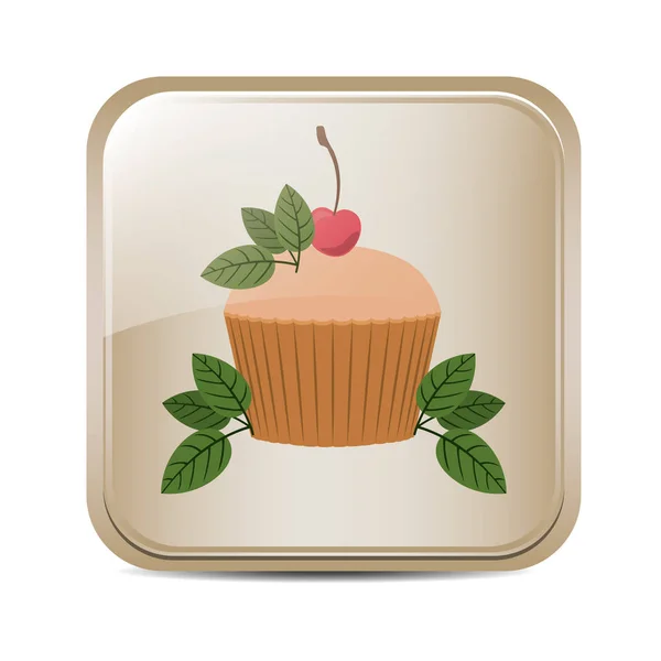 Square button with cupcake and leaves — Stock Vector