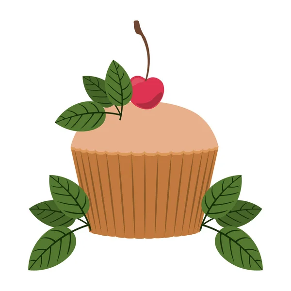 Cupcake decorated with cherry and leaves — Stock Vector