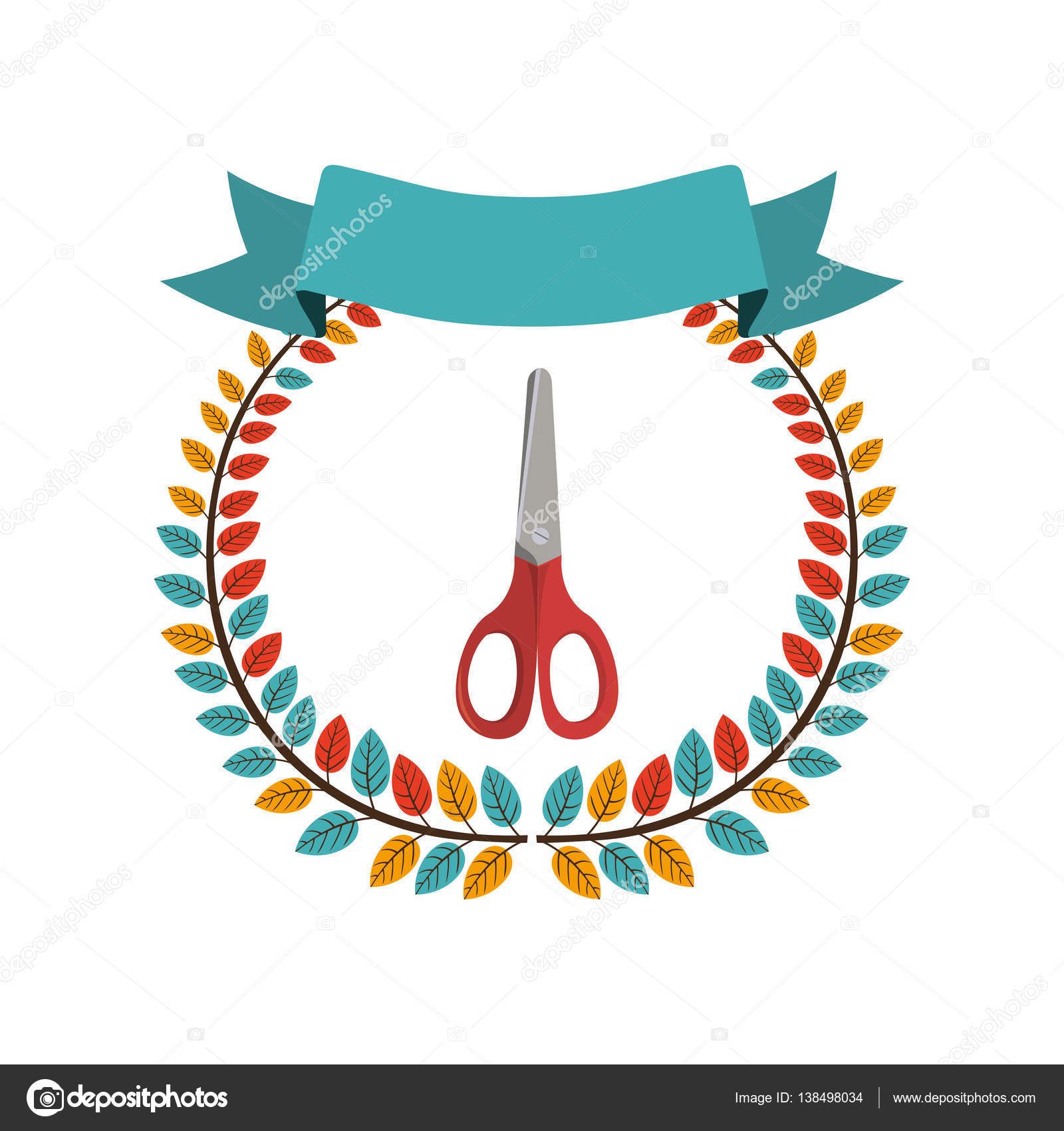 Colorful olive crown with ribbon and scissors Stock Illustration by