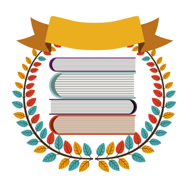 Corona de olivo colorido con cinta y libros escolares — Vector de stock