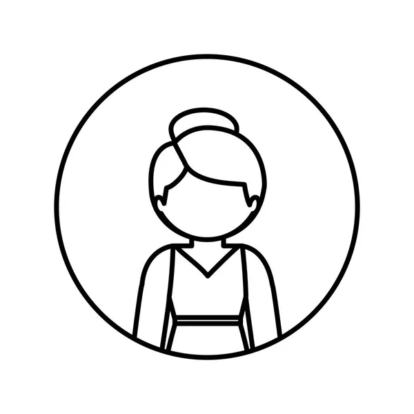 Contour monochrome en cercle avec femme demi-corps en robe avec cheveux collectés — Image vectorielle