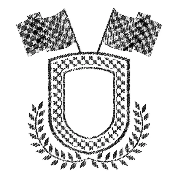 Contour de bouclier monochrome rayé avec branche d'olivier et drapeaux — Image vectorielle