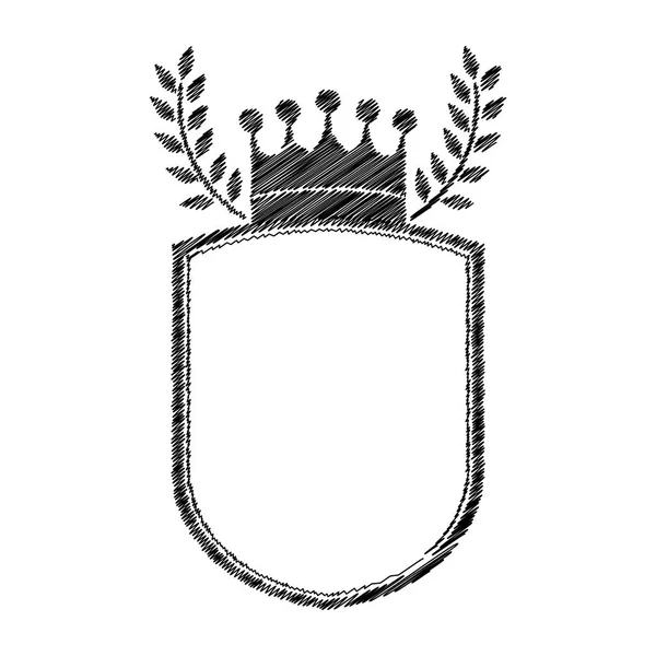 Contorno scudo monocromatico rigato con corona e ramo d'ulivo — Vettoriale Stock