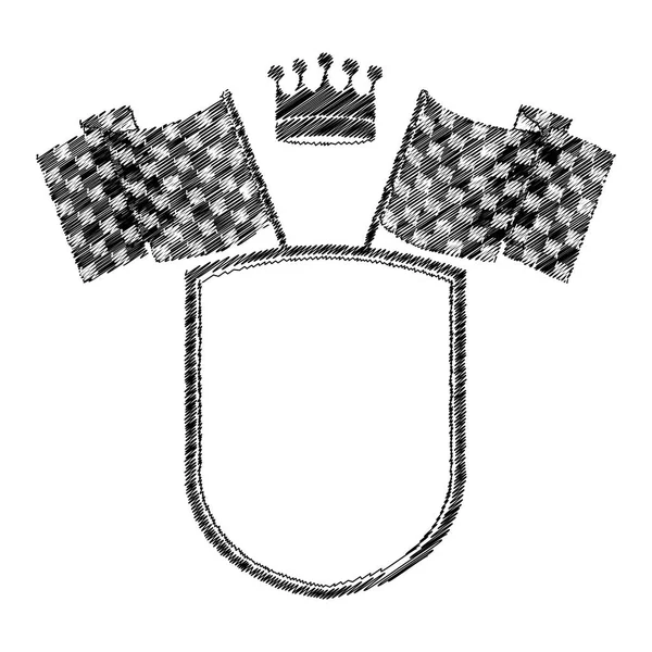 Contorno de escudo monocromo rayado con corona y banderas — Archivo Imágenes Vectoriales
