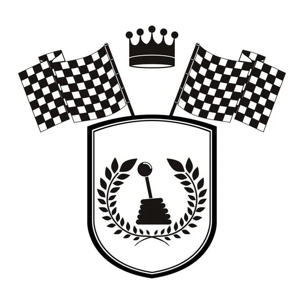 Changement de vitesse bouclier monochrome avec drapeaux et couronne d'olive — Image vectorielle