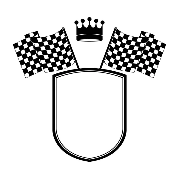 Bouclier monochrome avec couronne et drapeaux de course — Image vectorielle