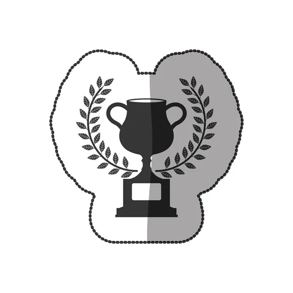 Sticker monochrome trophy cup with olive branch and half shaded — Stock Vector