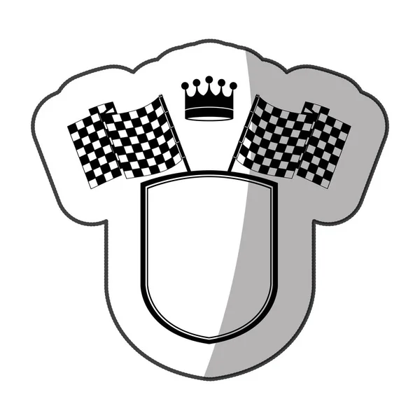 Pegatina escudo monocromo con la corona y las banderas de carreras y media sombra — Vector de stock