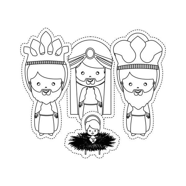 Dotted sticker the three wise men with jesus baby — Stock Vector