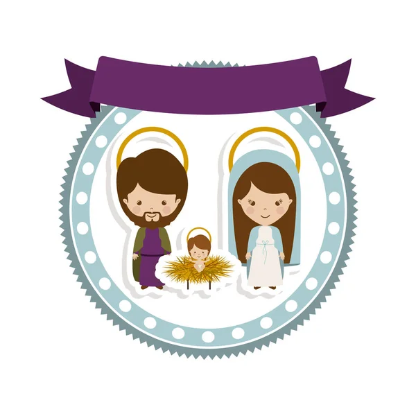 Pegatina frontera con la sagrada familia y el bebé jesus dibujos animados — Vector de stock