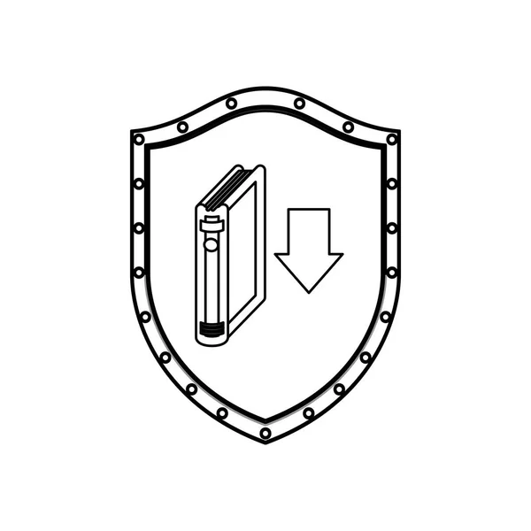 Silhouettenschild mit Buch und Pfeil-Symbol flach — Stockvektor
