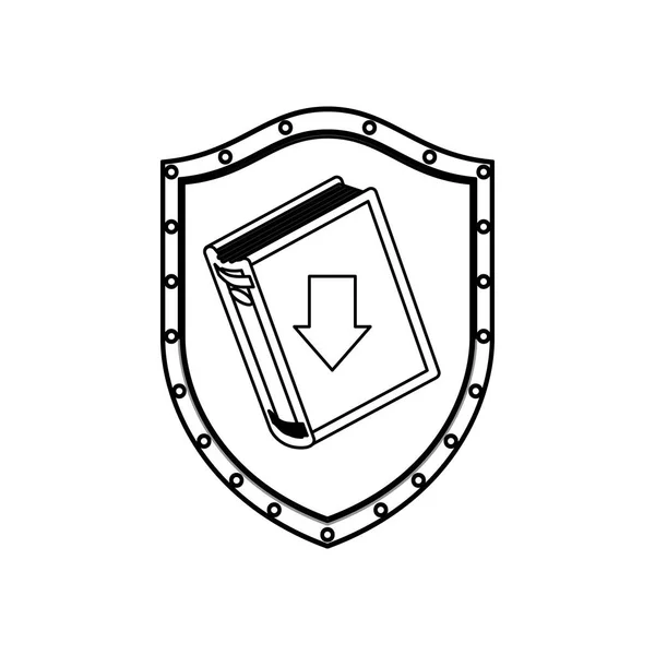 Escudo silhueta com livro fechado e seta — Vetor de Stock