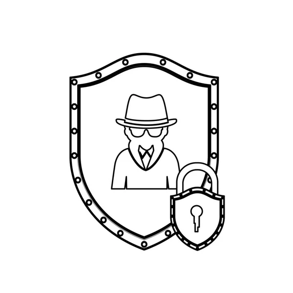 Silhouette monochrome avec bouclier avec hacker et cadenas — Image vectorielle