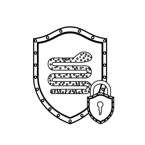 Silhueta monocromática com escudo com vírus da serpente e cadeado —  Vetores de Stock