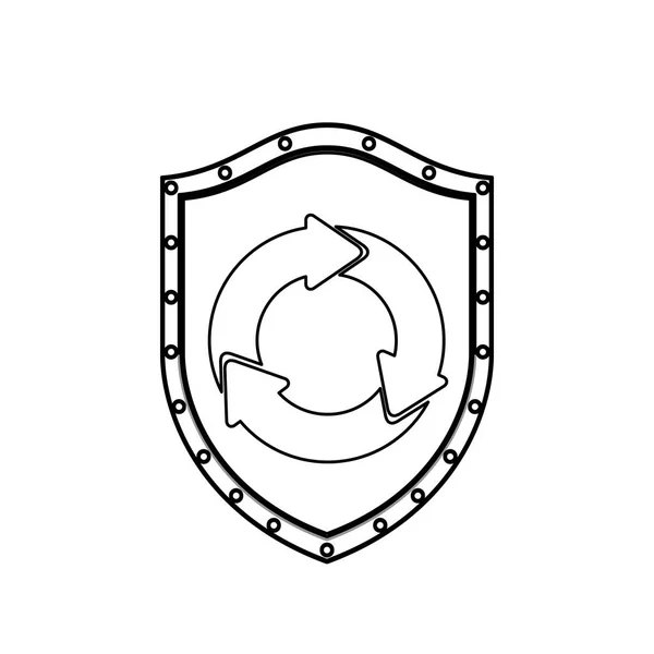 Silhueta monocromática com escudo com símbolo de reciclagem — Vetor de Stock