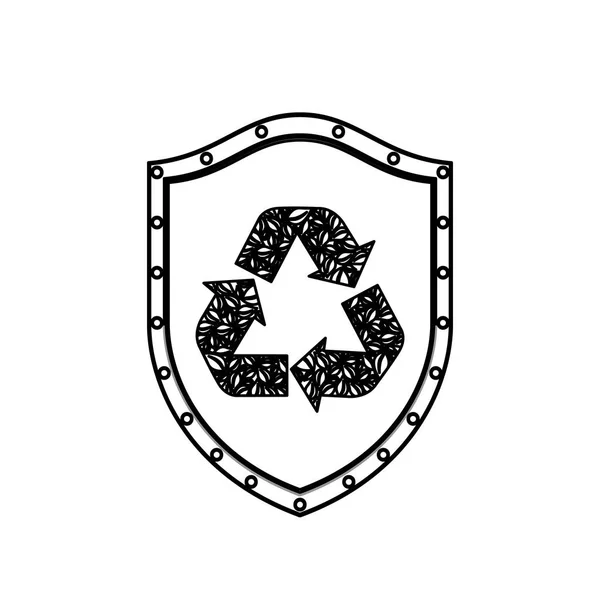 Silueta monocromática con escudo con símbolo de reciclaje negro — Archivo Imágenes Vectoriales