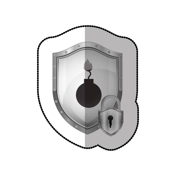 Adesivo de sombra do meio de escudo com bomba e cadeado — Vetor de Stock